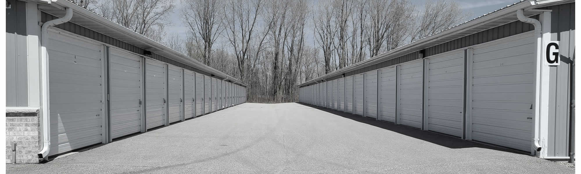 Rows of clean, drive-up self storage units at RFP Storage Appleton